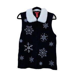 Merry & Bright Womens Winter Vest Sweater Snowflake Black White Furry Collar Med